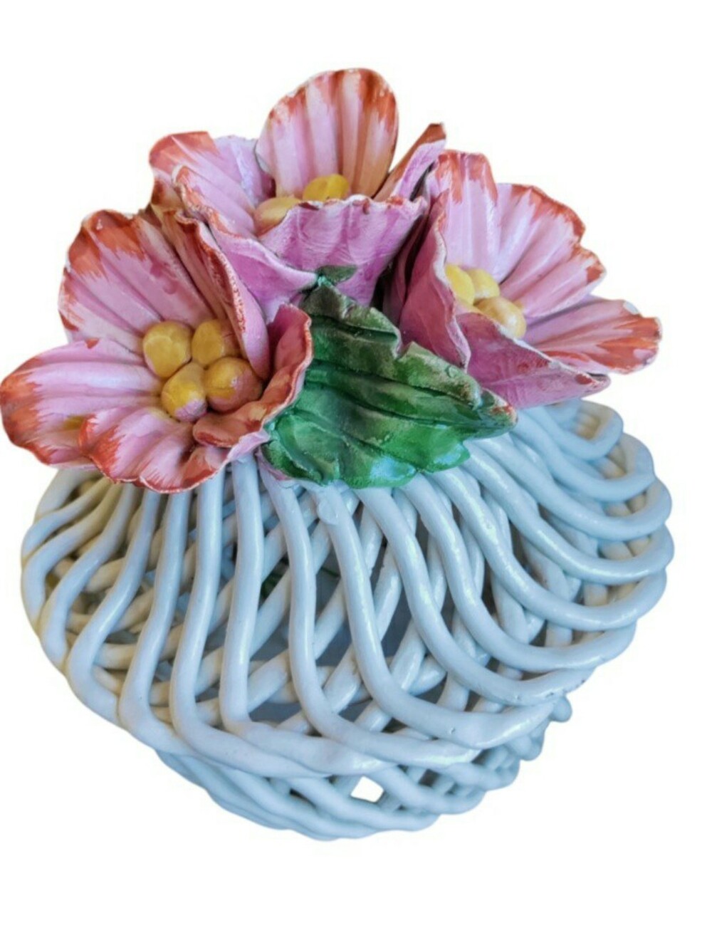 Capodimonte Italy Woven Porcelain Trinket Jar With Lid Floral Basketweave